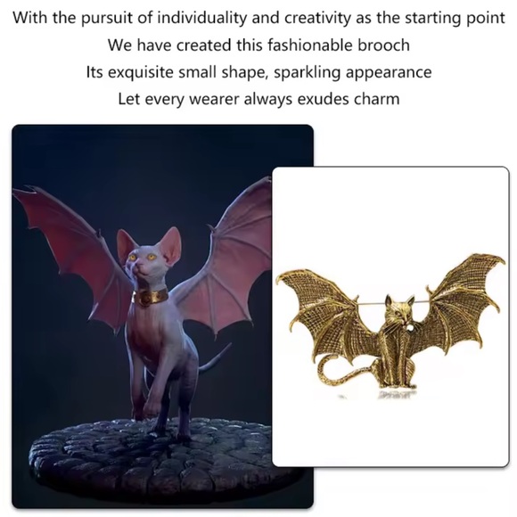 Vintage Wings Bat Cat Silver Brooch - Picture 7 of 10